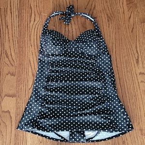 Black and White Polka Dot Rushed Skirt Style Swimsuit